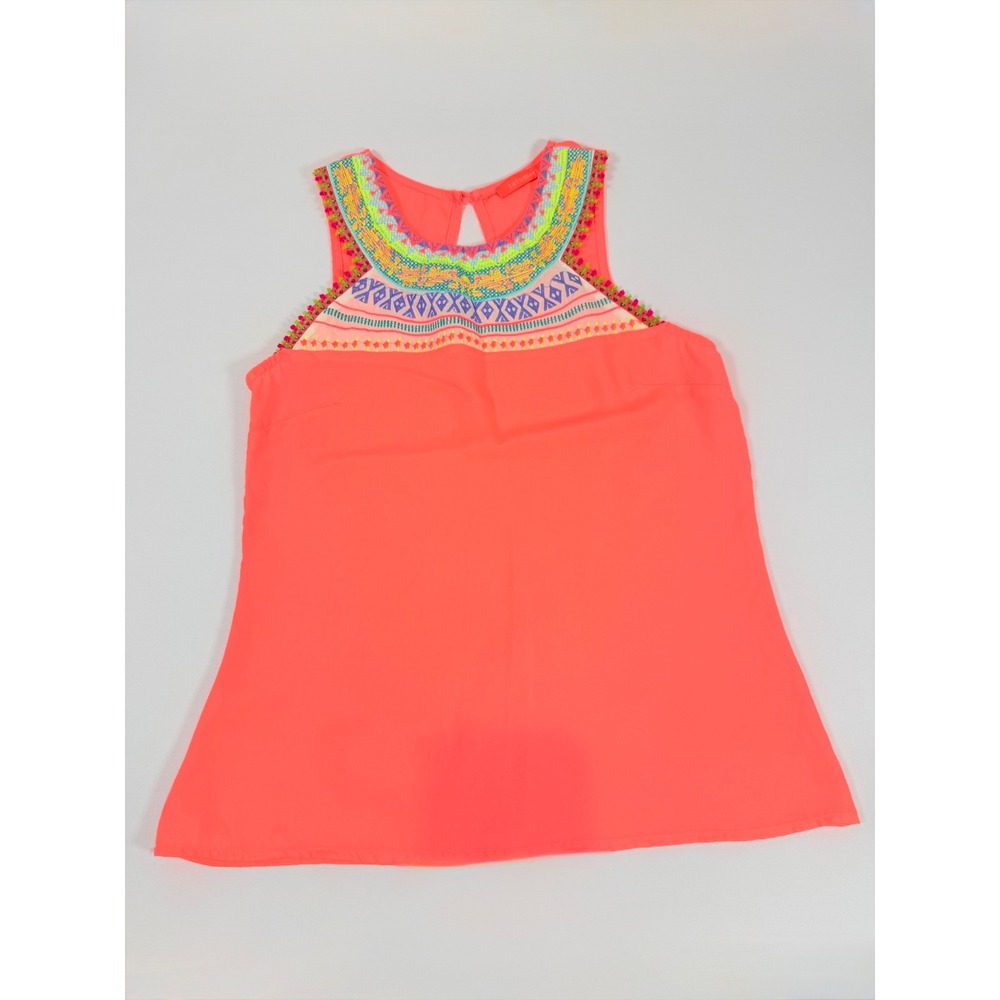 Lulumari Neon Coral Boho Embroidered Sleeveless Top Keyhole‎ Back Womens Small